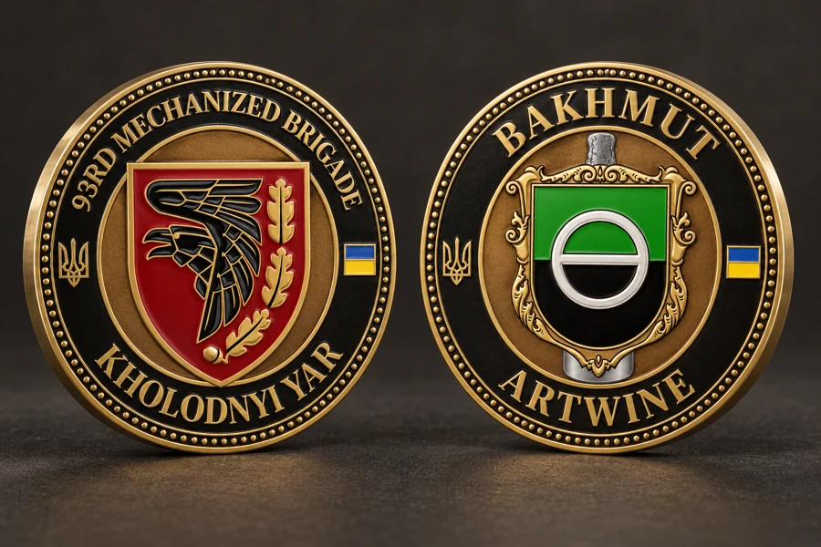 Both faces of the Bakhmut and 93rd Brigade commemorative coin
