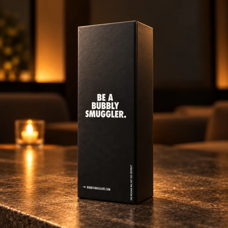 The handmade black Bubbly Smuggler presentation box