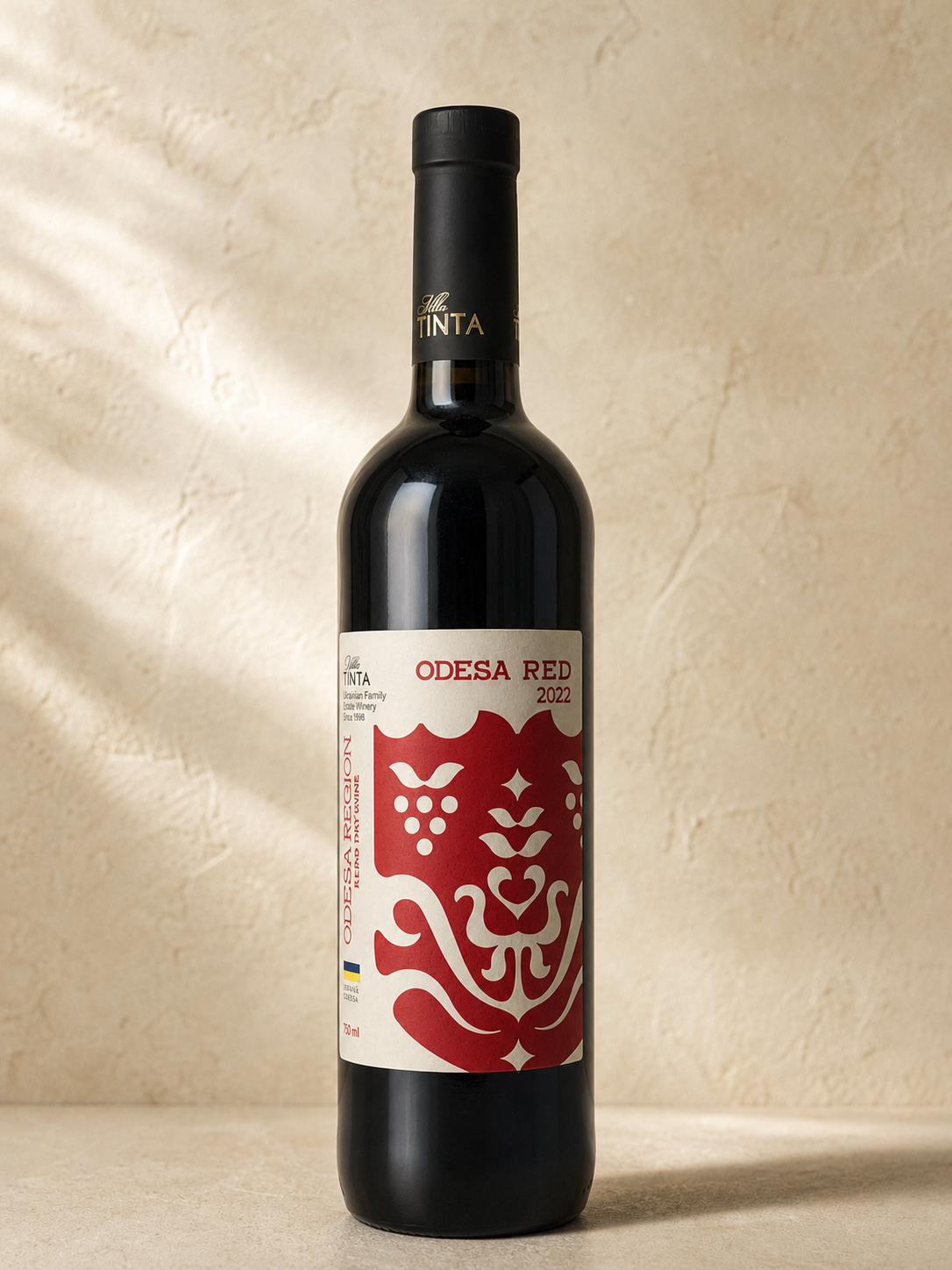 Villa Tinta Odesa Red 2022 bottle in warm studio light
